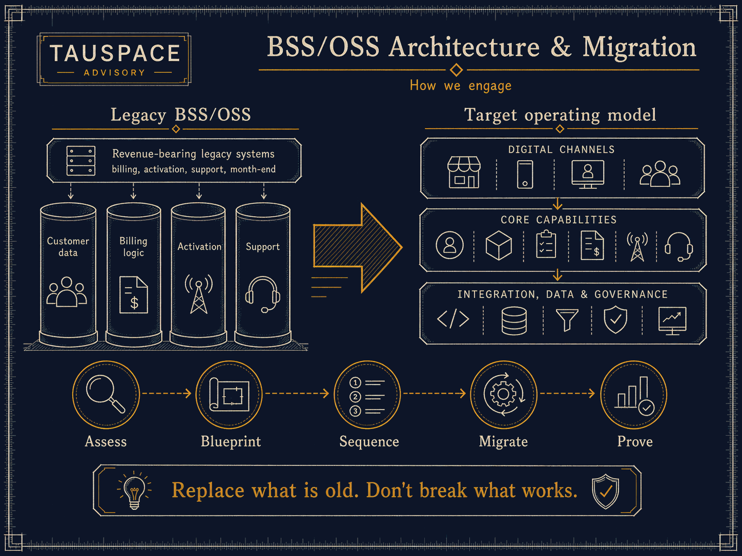 BSS transformation: coexistence, sequencing, and the joins between the current operating stack and the target architecture.