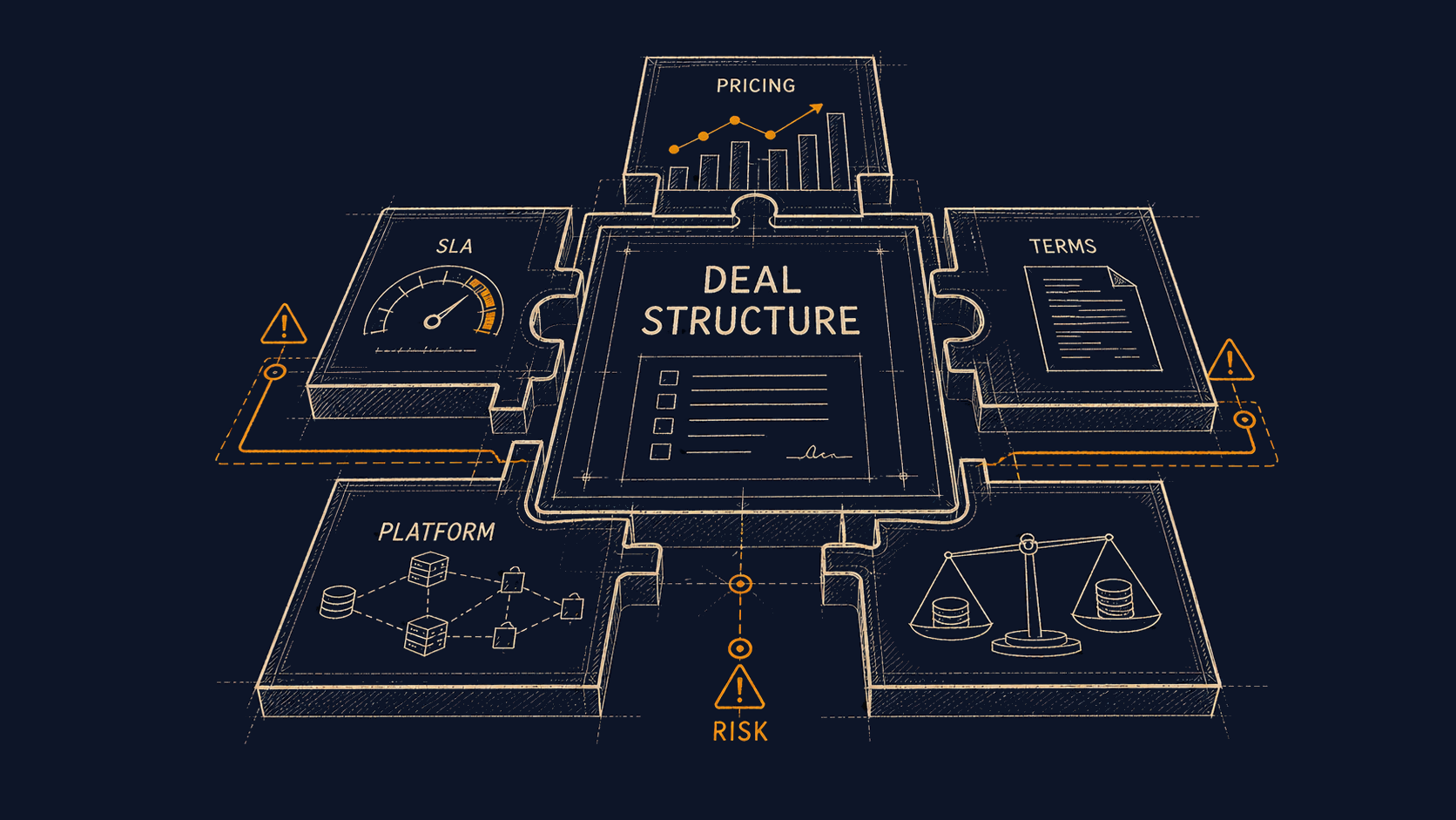 Deal structure: technology, commercial, and operating terms in one frame — the moving parts of a deal that have to fit each other.