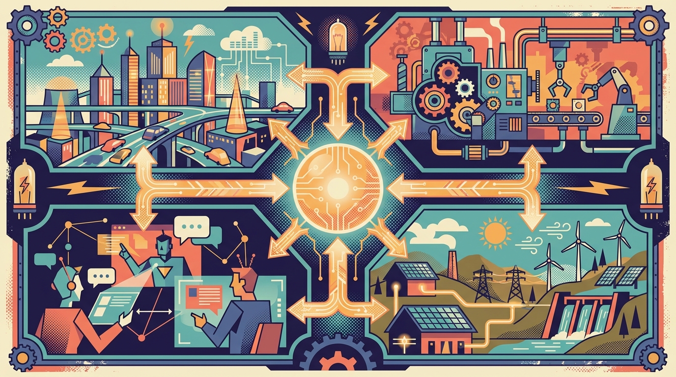 A retro-futuristic diagram illustrating how 5G connectivity enables smart cities, precision industries, remote work, and renewable energy integration, using interconnected geometric shapes and circuit patterns.