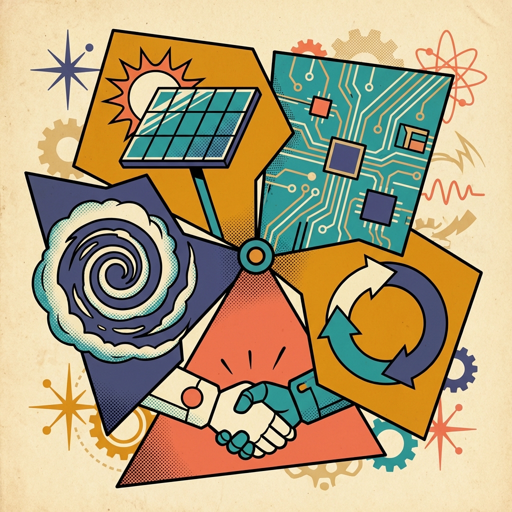 A retro-futuristic illustration depicting five interconnected strategies—renewable energy, efficient hardware, software innovations, circular economy, and collaboration—forming a sustainable balance for 5G, with atomic-age design motifs.