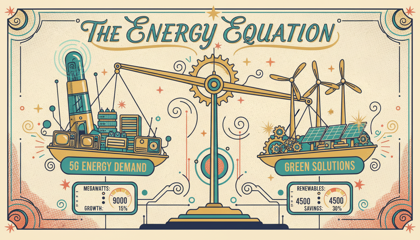 A retro-futuristic balance scale weighing 5G Energy Demand against Green Solutions, with vintage counters showing the metrics for each side of the energy equation