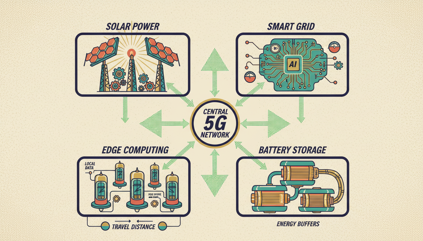 A retro-style diagram showing a central 5G Network hub connected to four green technology systems: Solar Power, Smart Grid, Edge Computing, and Battery Storage