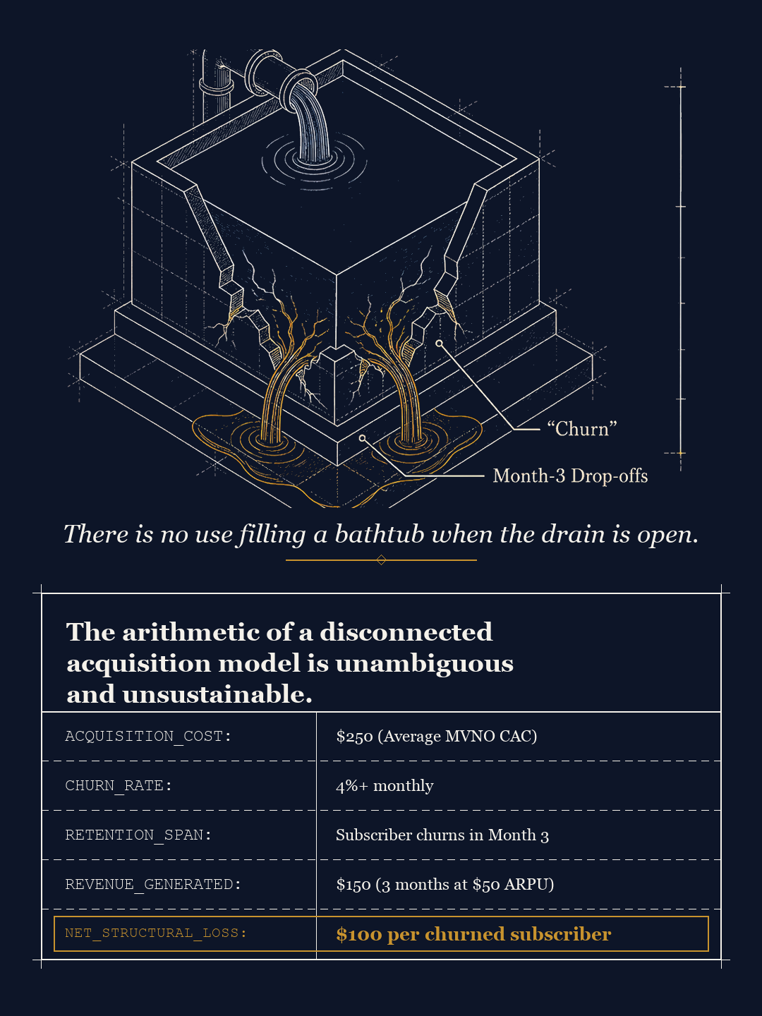 The leaky bucket: customers entering through acquisition at the top, draining out through churn unless the retention loop holds.