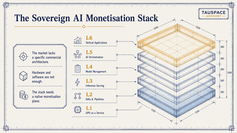 The Sovereign AI Monetisation Stack — six layers from infrastructure rental at the bottom up to outcome-linked commercial models at the top, where the defensible margin lives.