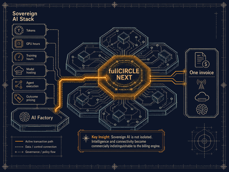AI monetisation around the Sovereign AI Stack: fullCIRCLE NEXT at the centre, with AI factory inputs metered, rated, billed, and reconciled into single converged invoices.
