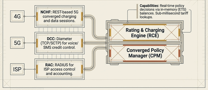 Real-time converged charging for FWA: NCHF for the 5G core, Diameter credit control, and RADIUS, rating against live in-memory balances.