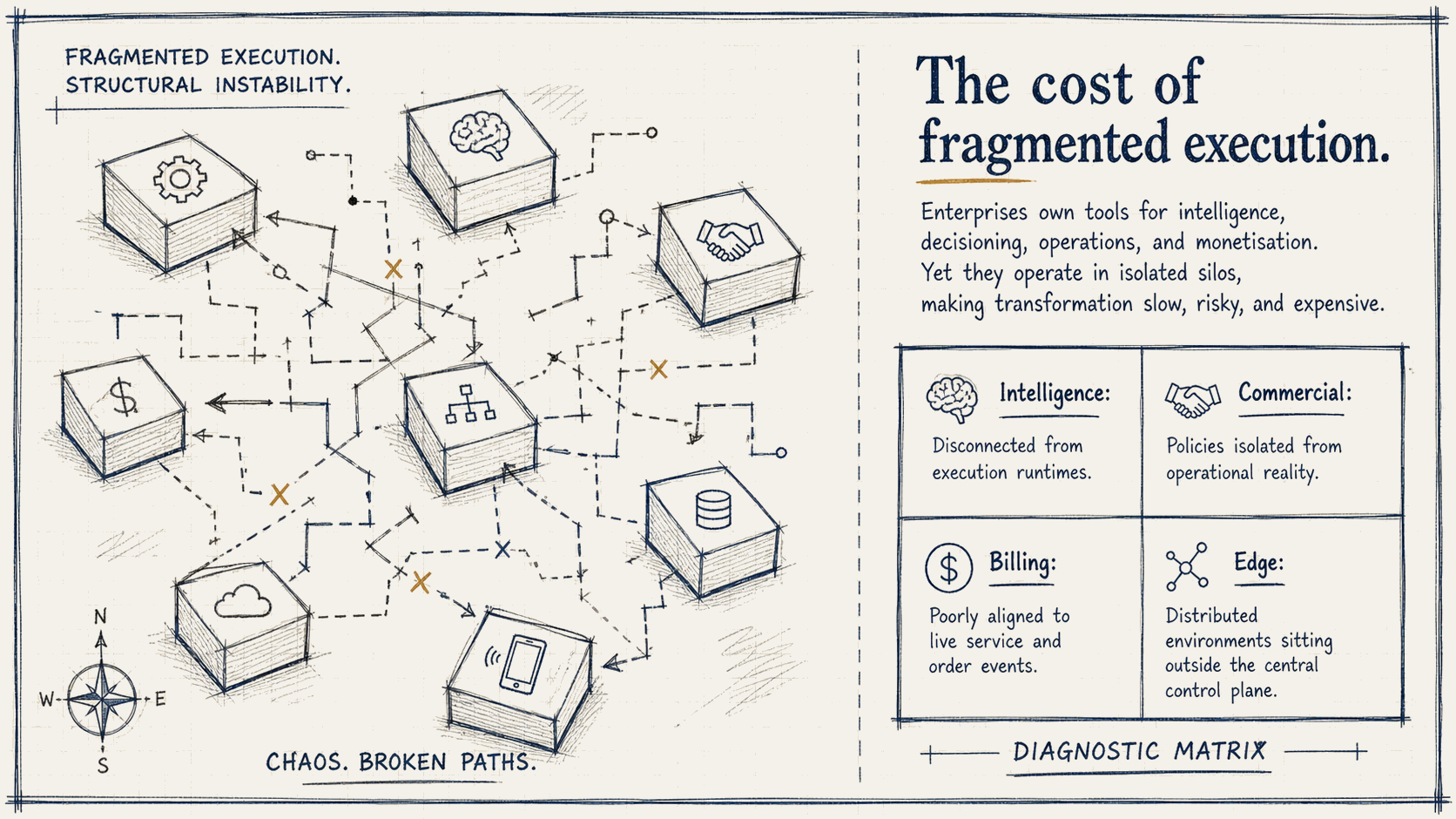 The cost of fragmented execution: intelligence disconnected from execution runtimes, commercial policies isolated from operational reality, billing poorly aligned to live service and order events, the edge sitting outside the central control plane.