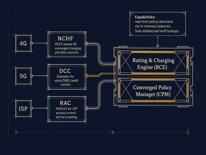 nomia charging architecture: Converged Policy Manager and Rating and Charging Engine on one core, with NCHF, DCC, and RAC protocol adaptors for 5G, 4G, and ISP.