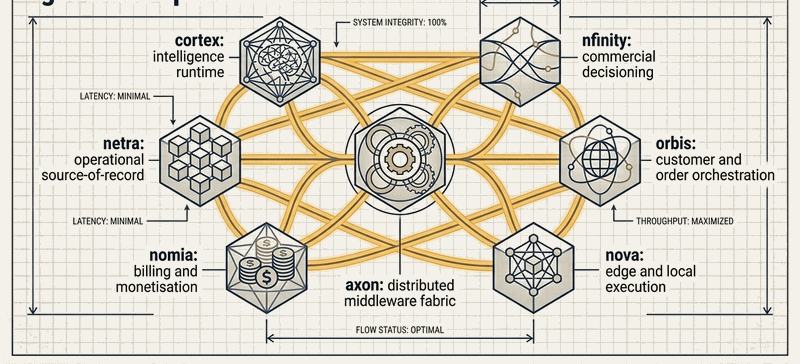 Seven modules on one governed fabric. fullCIRCLE NEXT's architecture in one frame.